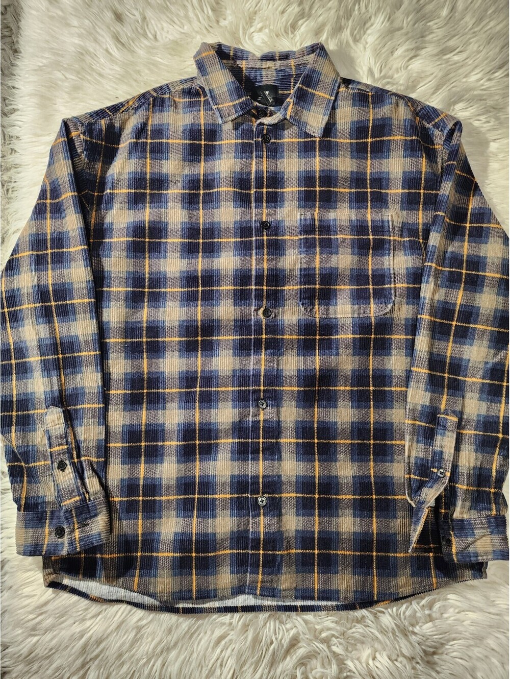 H&M Oversised Fit M BANGLADESH Corduroy Estampado Cuadrado Azul Amarillo Gris